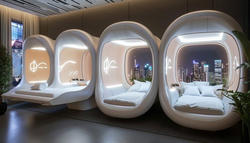 Capsule hotel pods with city views and white bedding