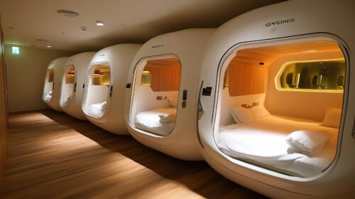 Capsule beds in a modern room with warm lighting and wooden floor