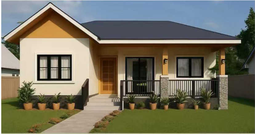single-story house with yellow and white exterior, black roof, and small porch