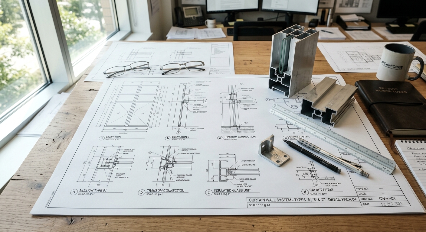 Detailed aluminum curtain wall shop drawings with extrusion profile samples