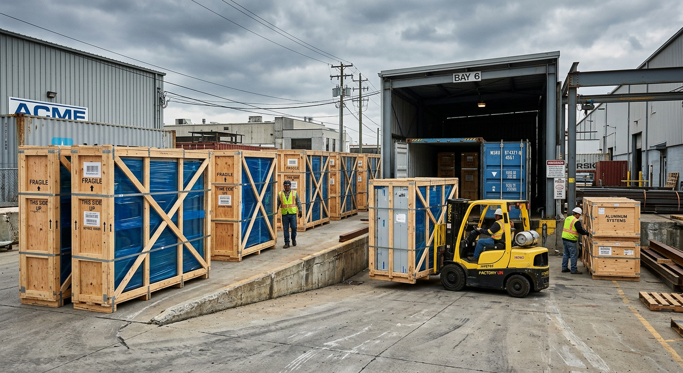 Aluminum curtain wall units in protective export crating being loaded into a shipping container
