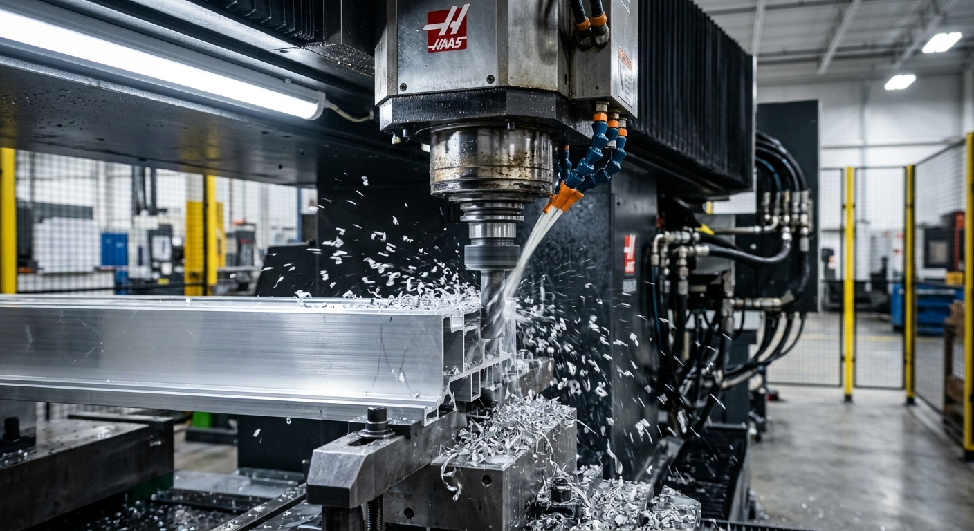CNC machine precisely cutting aluminum curtain wall profile in factory