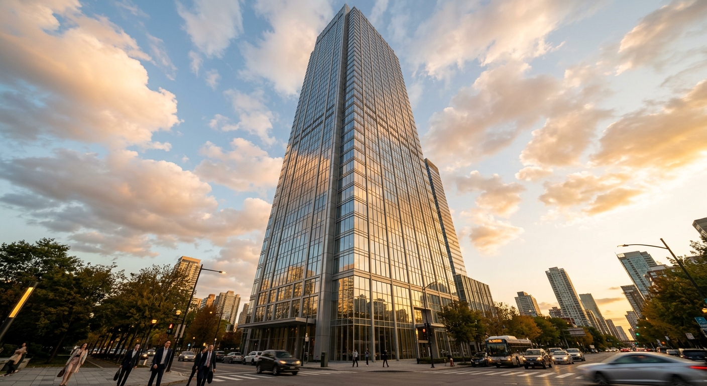 Completed high-rise with aluminum curtain wall façade reflecting sky at golden hour