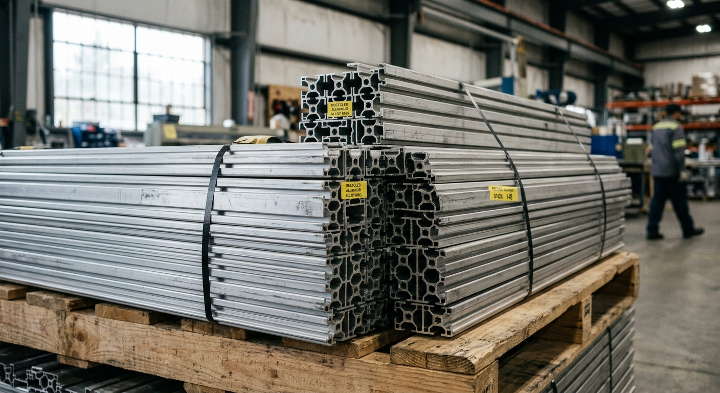 Stacked recycled aluminum extrusion profiles inside a manufacturing facility