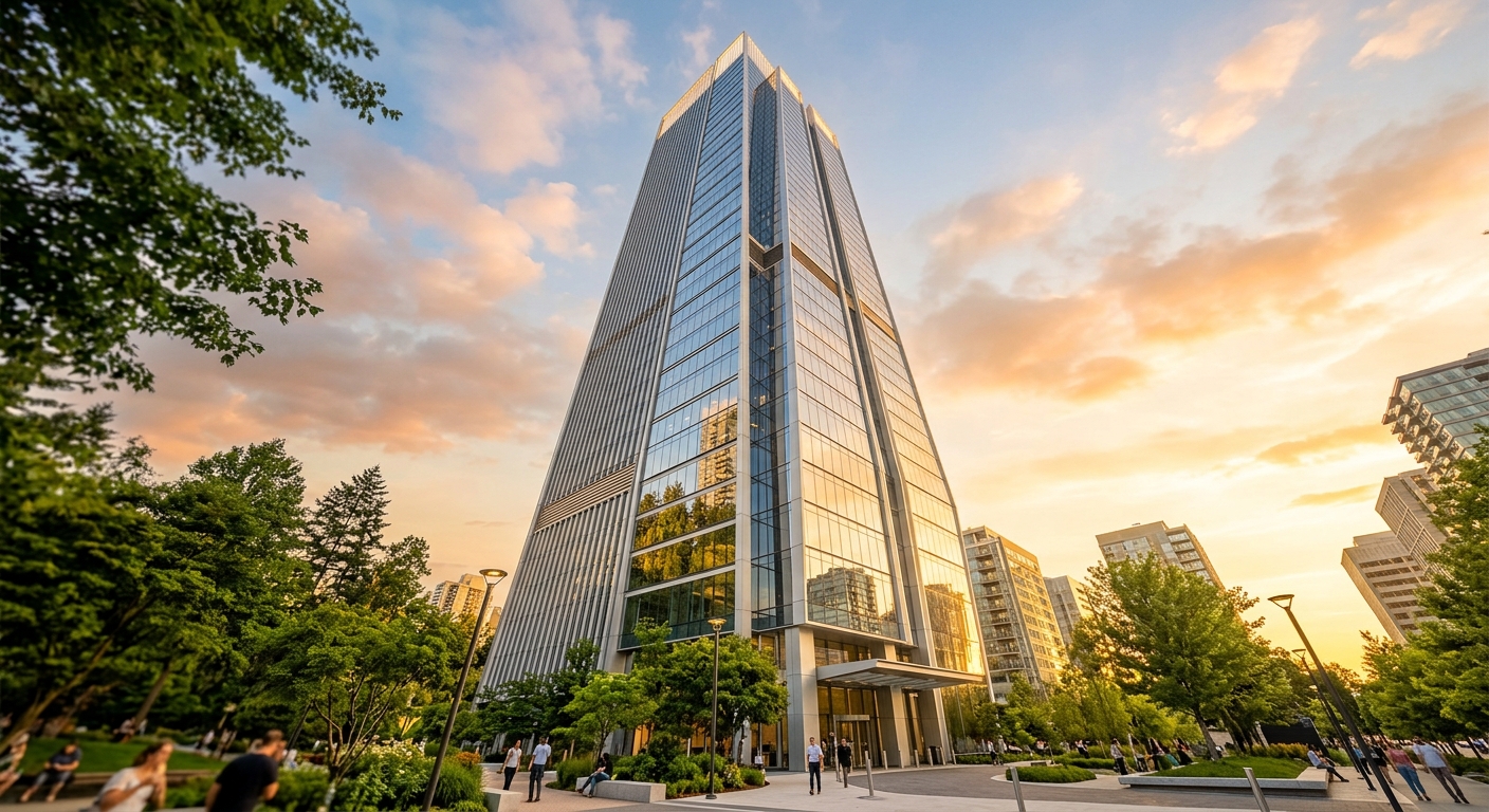 Modern high-rise with aluminum curtain wall facade at golden hour