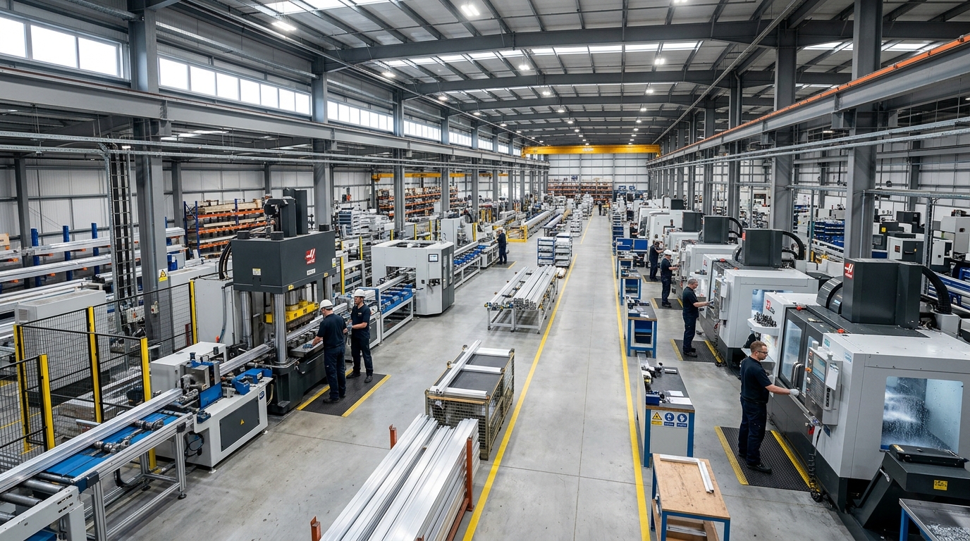 Interior of a large modern aluminum manufacturing factory with extrusion lines