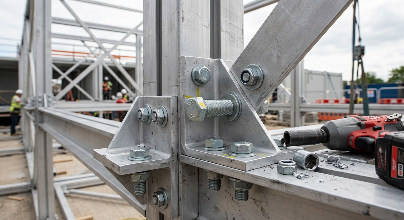 Mechanical bolt connections on an aluminum modular building frame