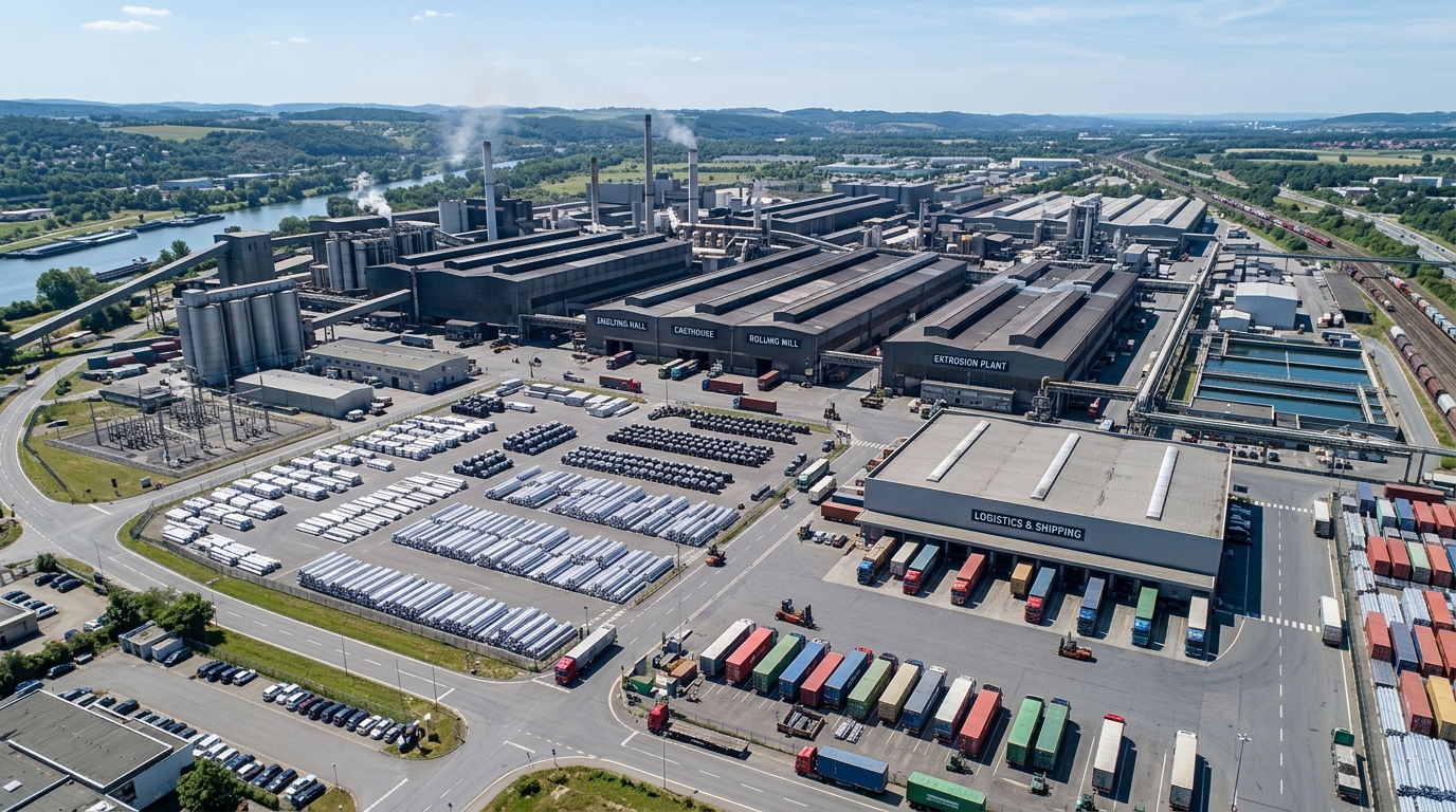 Wide aerial view of large-scale aluminum factory showing organized production bays and storage yards