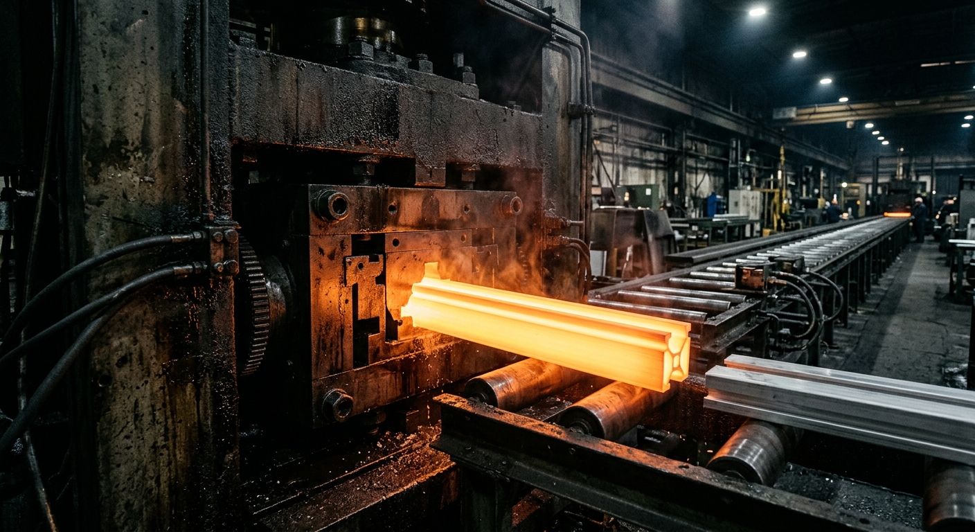 Hot aluminum profile being extruded from a large industrial press