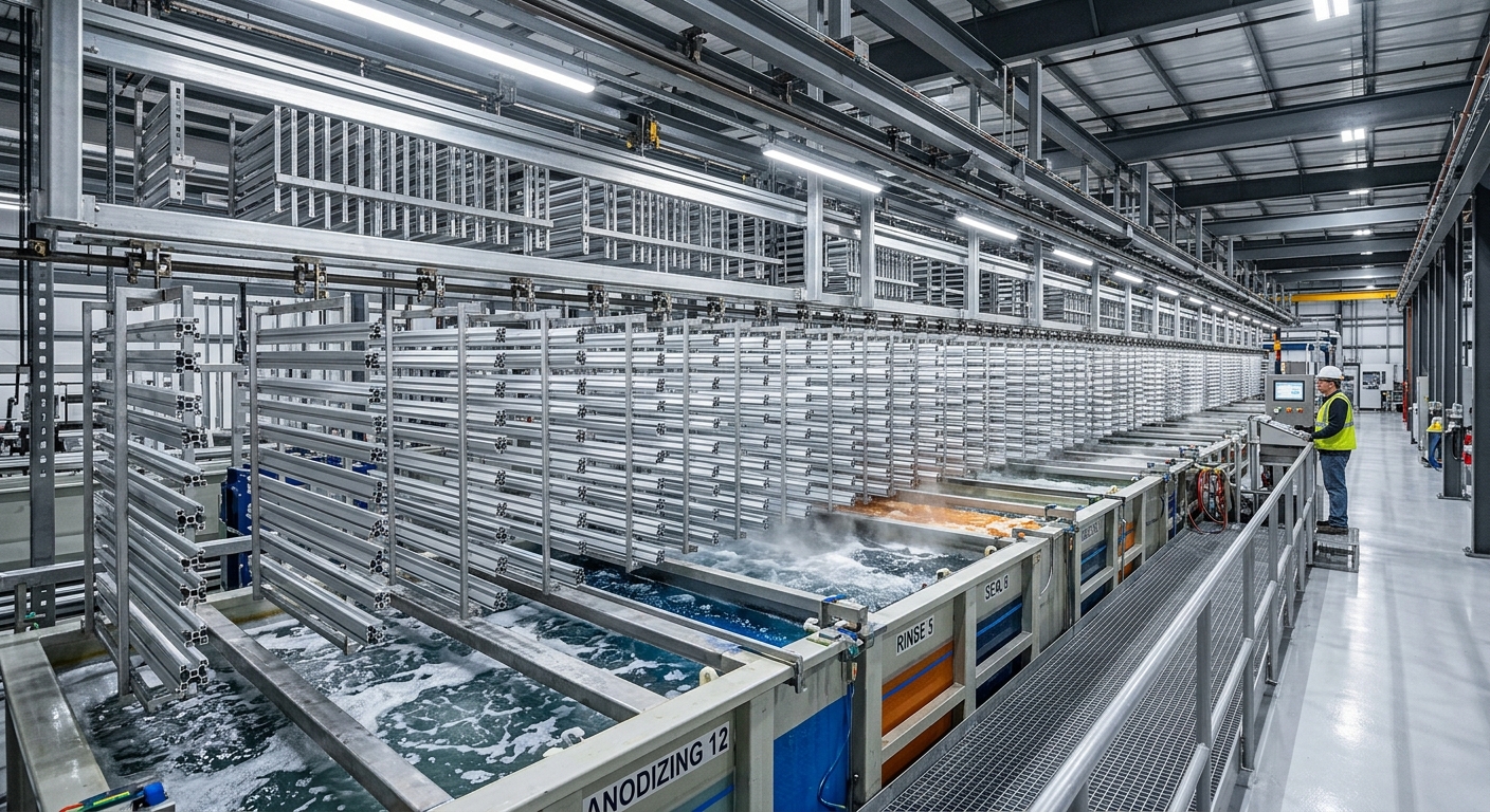 Industrial anodizing line with aluminum profiles on racks in treatment tanks