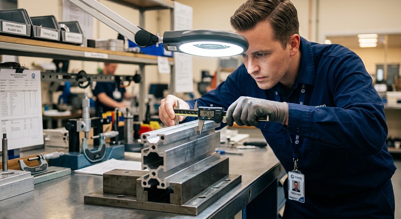 Technician measuring aluminum profile wall thickness with digital caliper during quality inspection