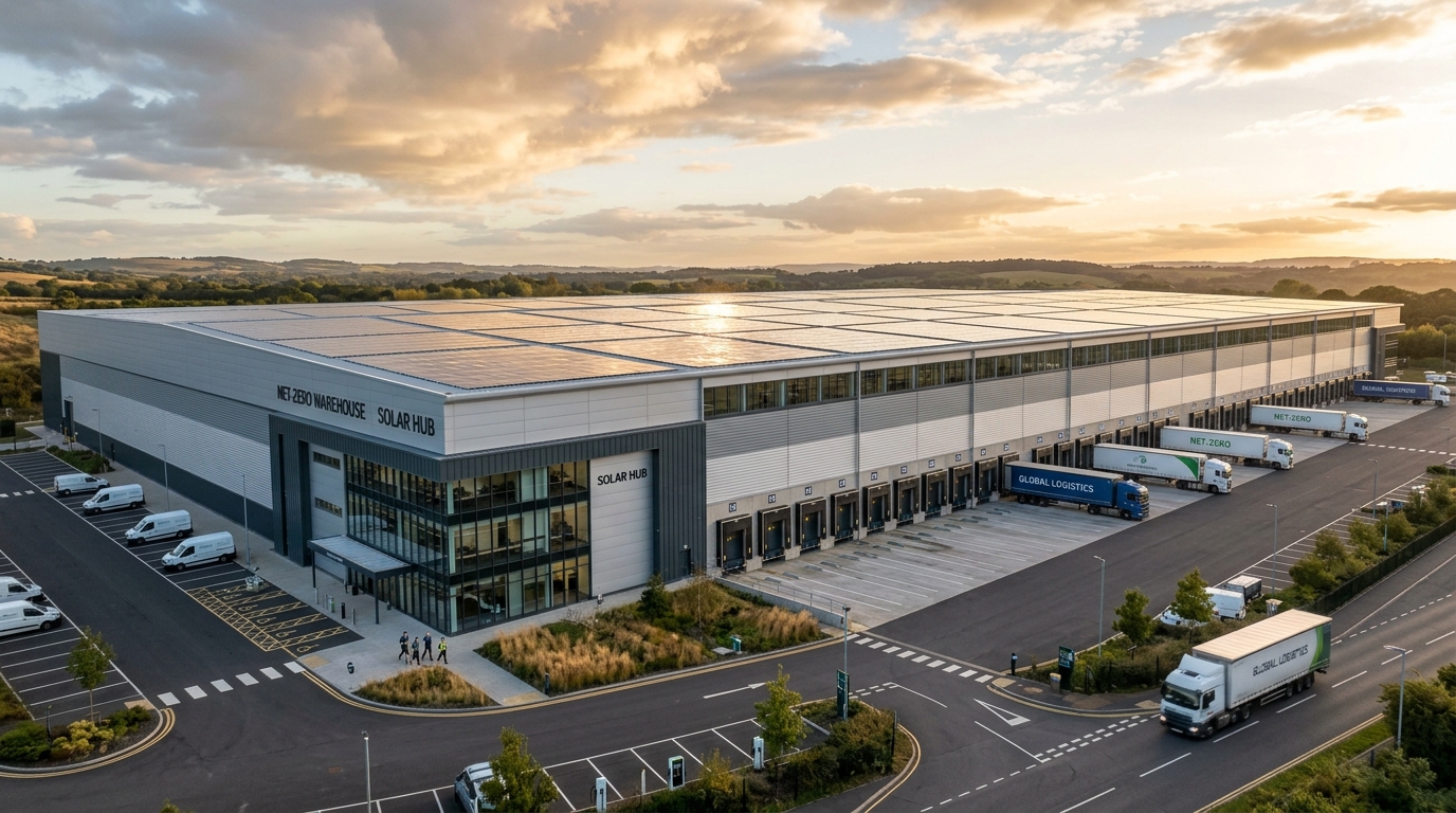 Modern net-zero warehouse exterior with rooftop solar panels