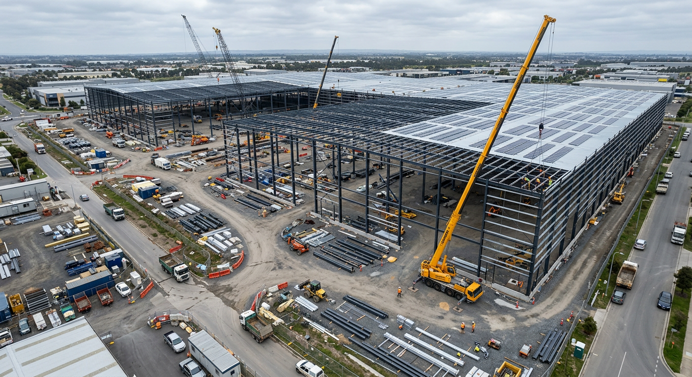 Warehouse construction site mid-build with steel frame and roof solar mounting