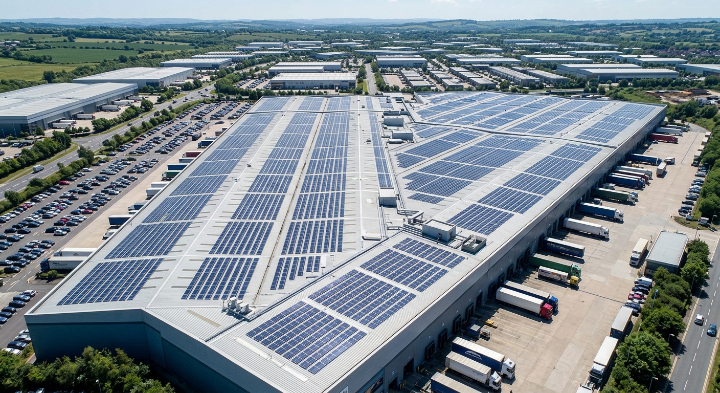Aerial view of warehouse rooftop solar PV installation