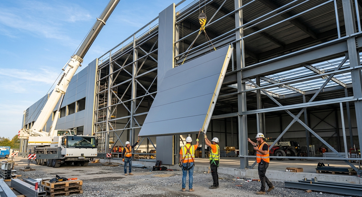 Prefabricated aluminum wall panel being craned into place on warehouse site