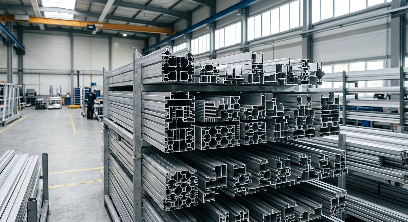 Stacks of aluminum alloy profiles in a warehouse with workers and machinery in the background.