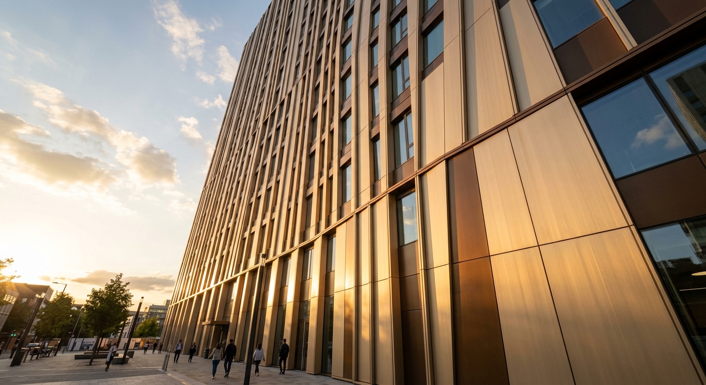 Anodized aluminum curtain wall facade with uniform bronze finish