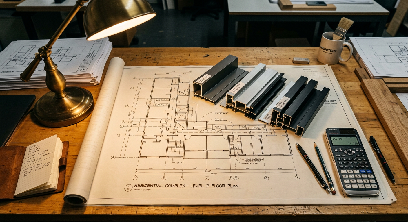 Architect reviewing aluminum sample sections against drawings