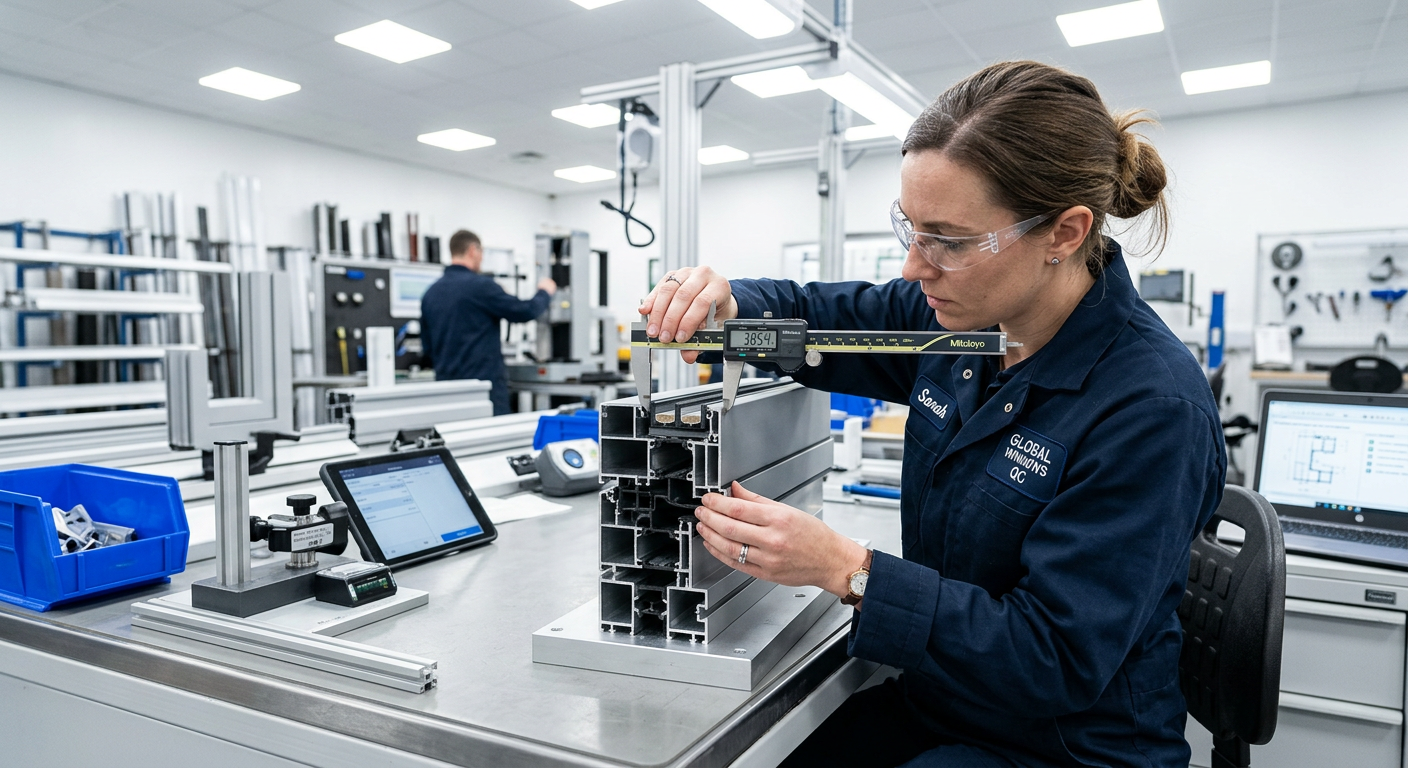 Technician measuring aluminum profile dimensions during quality inspection