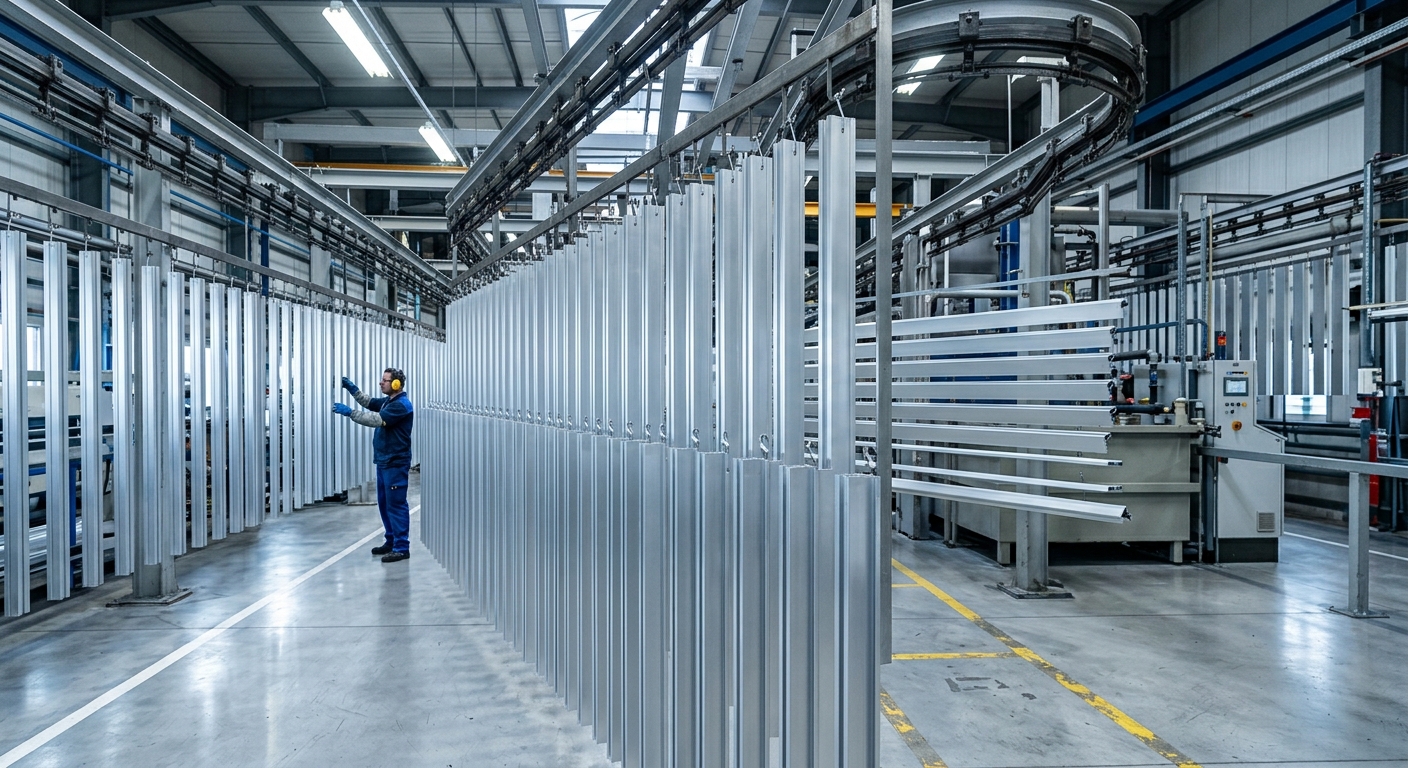 Anodized aluminum profiles drying on factory production line
