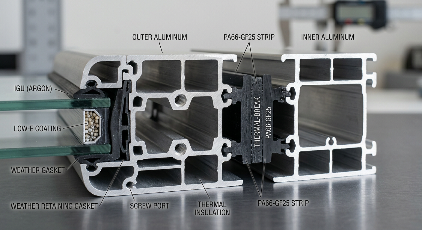 Cross-section of thermal break aluminum profile with polyamide strips