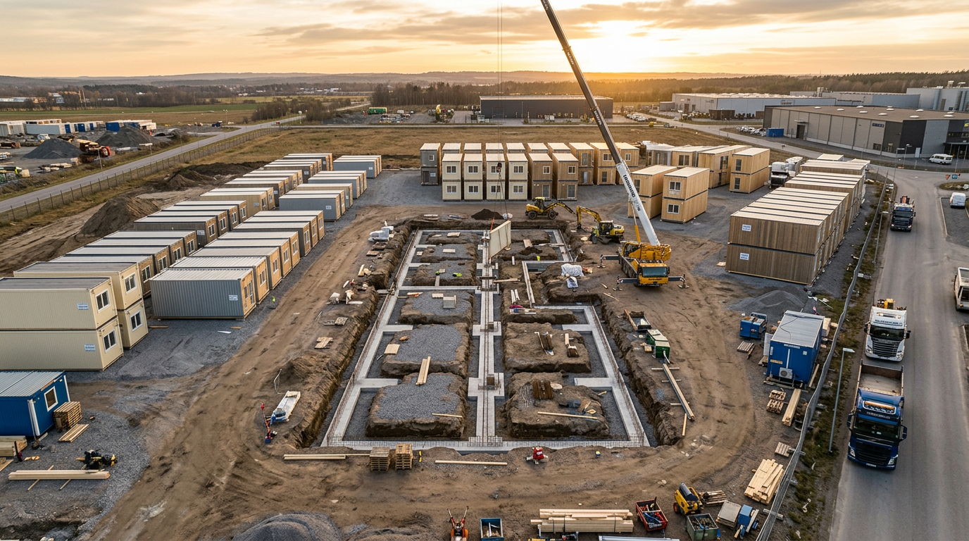 Aerial view of modular building site with excavated foundation trenches