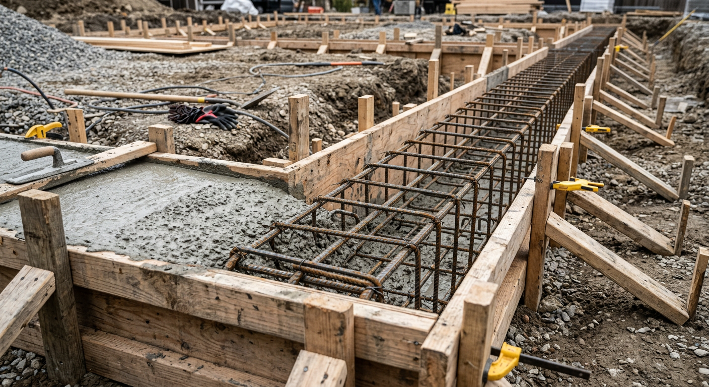 Reinforced concrete strip foundation with steel rebar cage and formwork