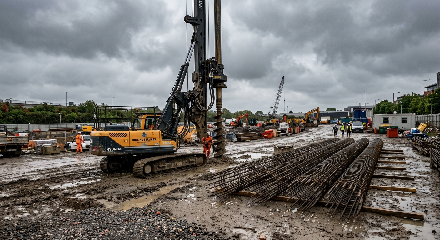 Bored pile drilling rig installing deep foundations on construction site
