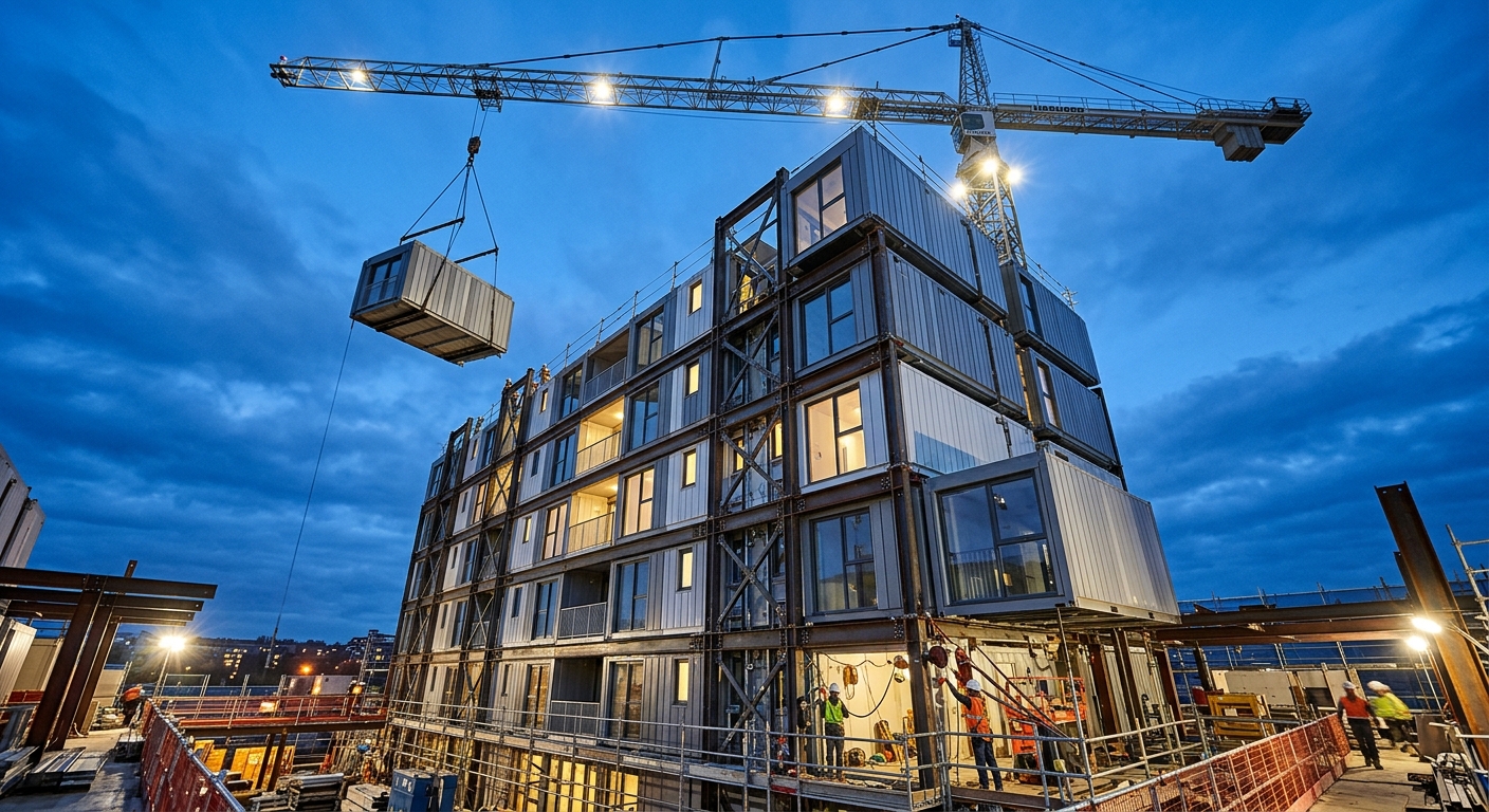 Multi-story modular building under construction with stacked modules