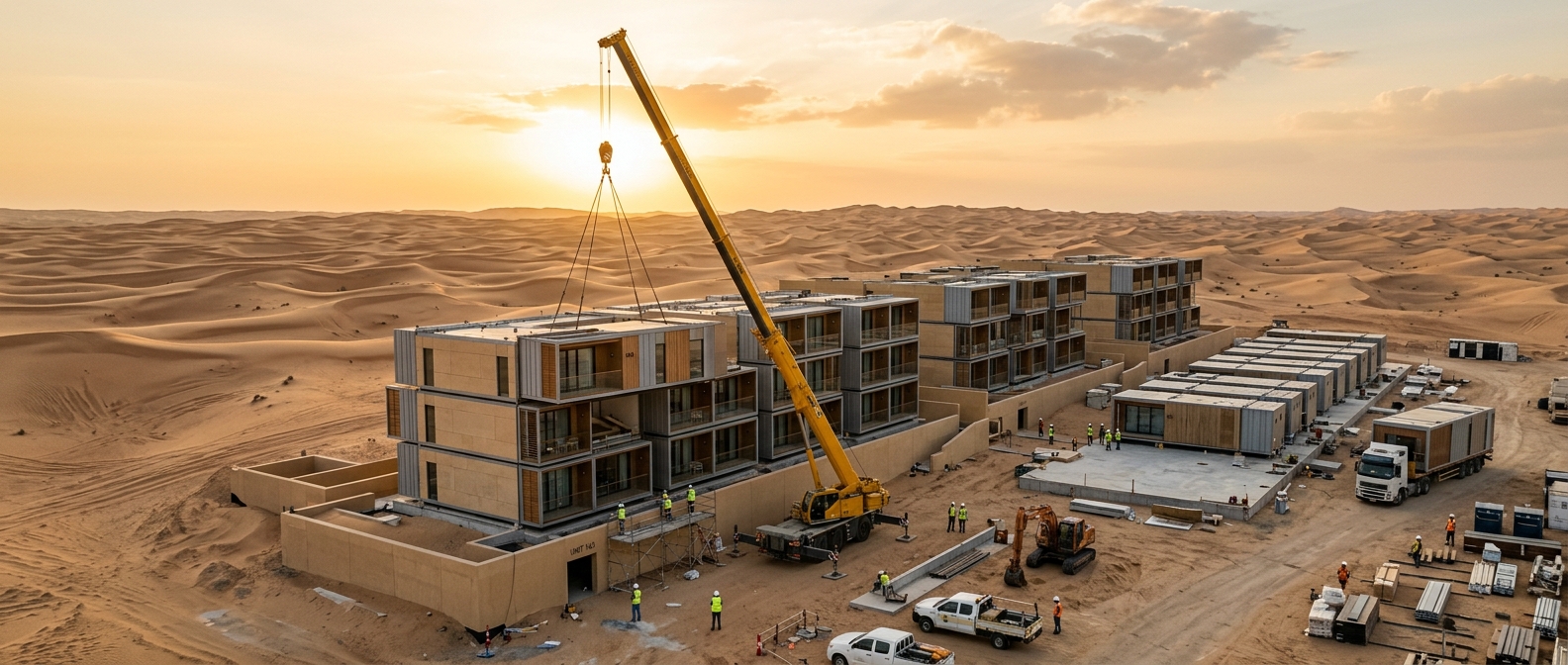 Modular hotel construction in desert with cranes and workers at sunset