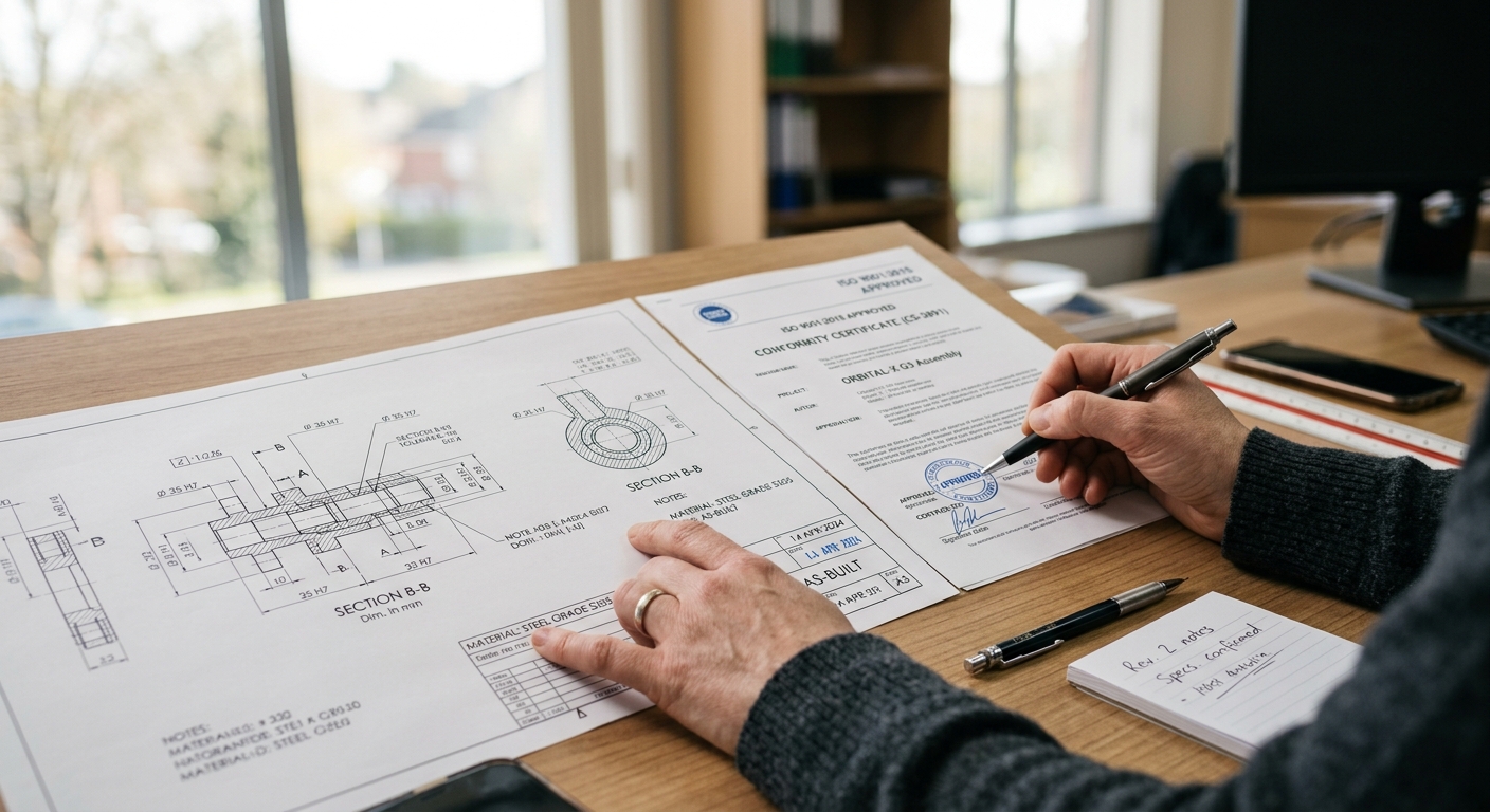 Engineer verifying ISO and CE certifications for modular building manufacturer