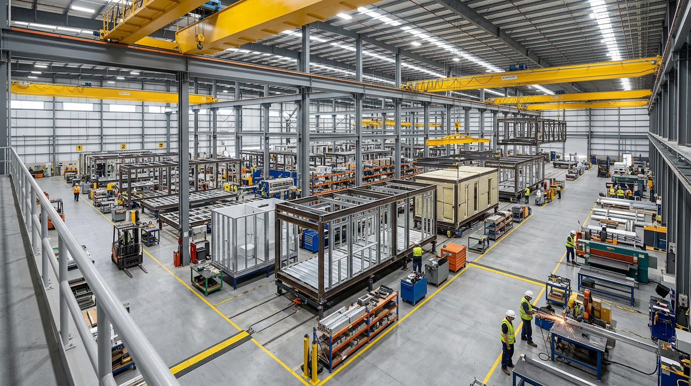 Large aluminum modular building factory floor during active production