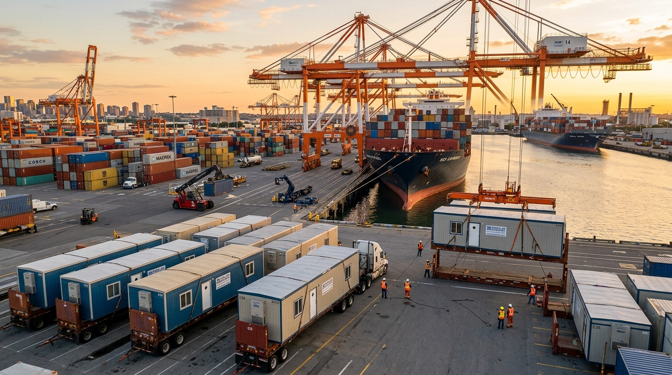 Modular building units being loaded for overseas export at port