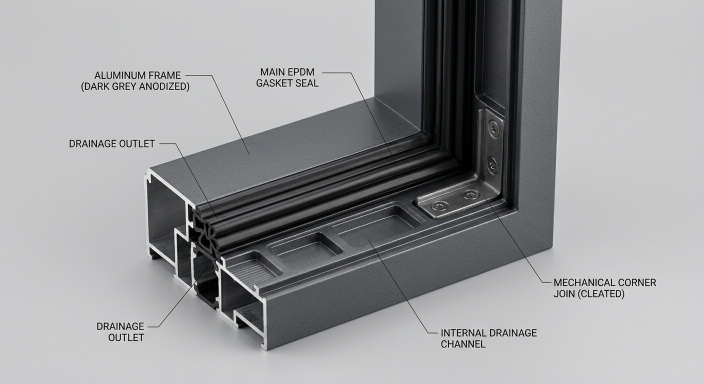 Macro detail of EPDM gasket and drainage channel in aluminum window corner