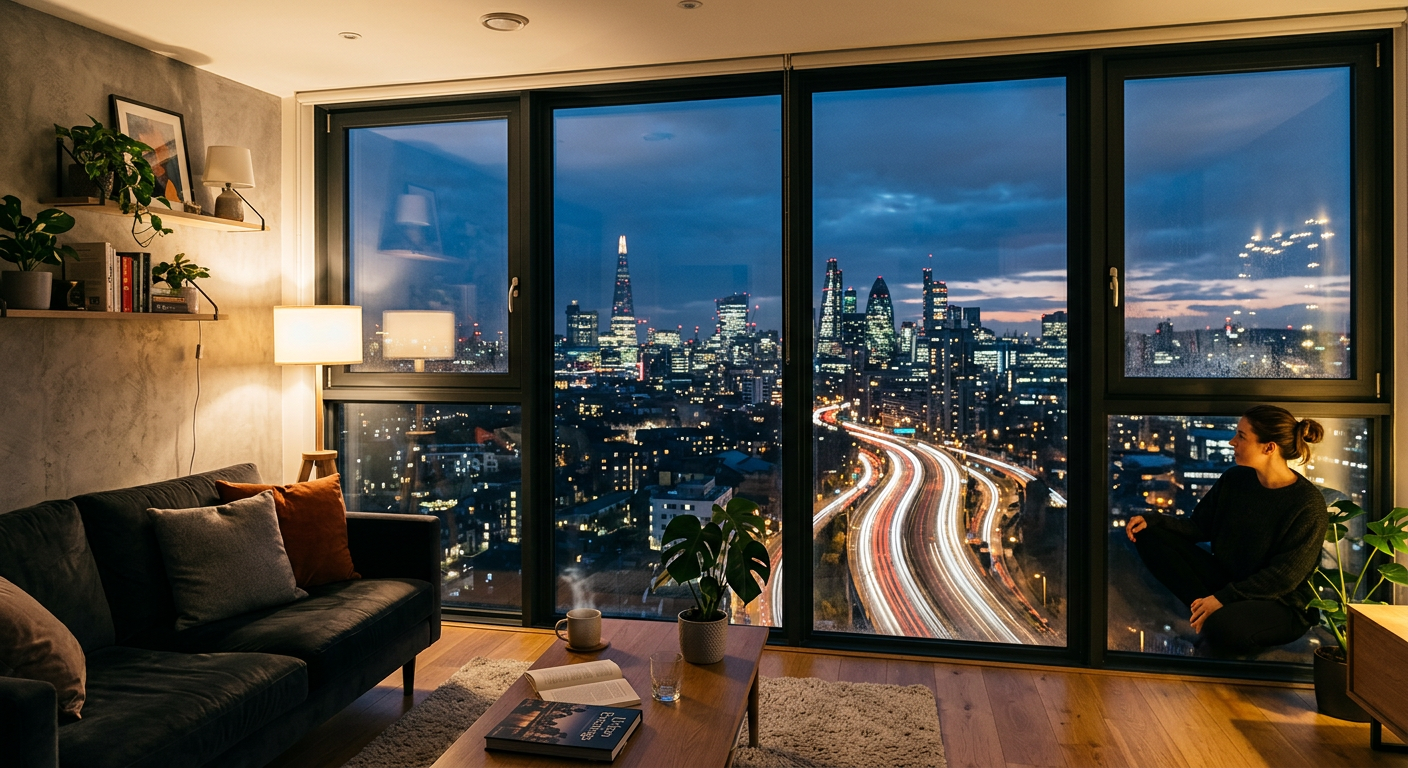 High-rise apartment interior with aluminum window overlooking city at twilight