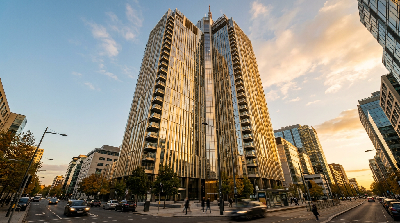 Modern building facade with reflective aluminum curtain wall panels