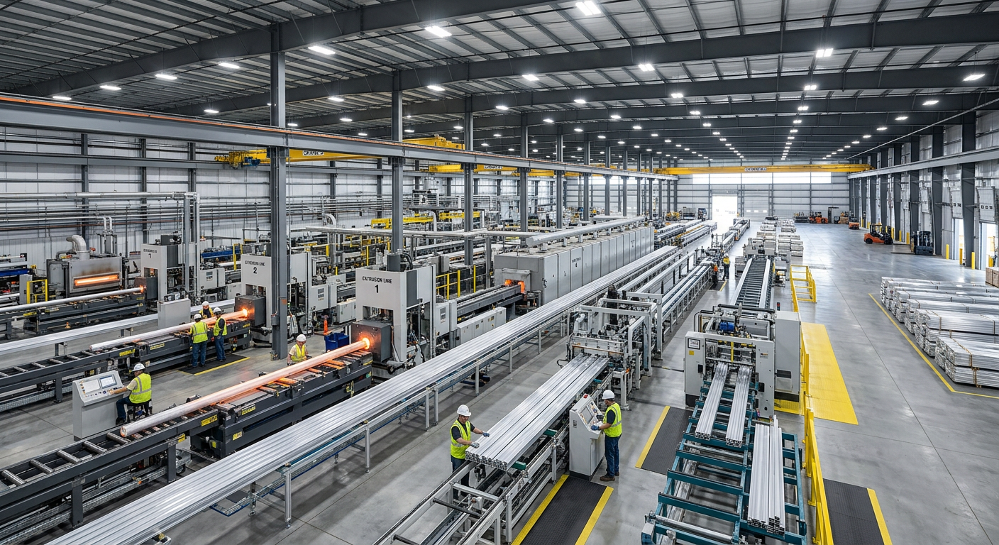 Large aluminum manufacturing factory floor with production equipment