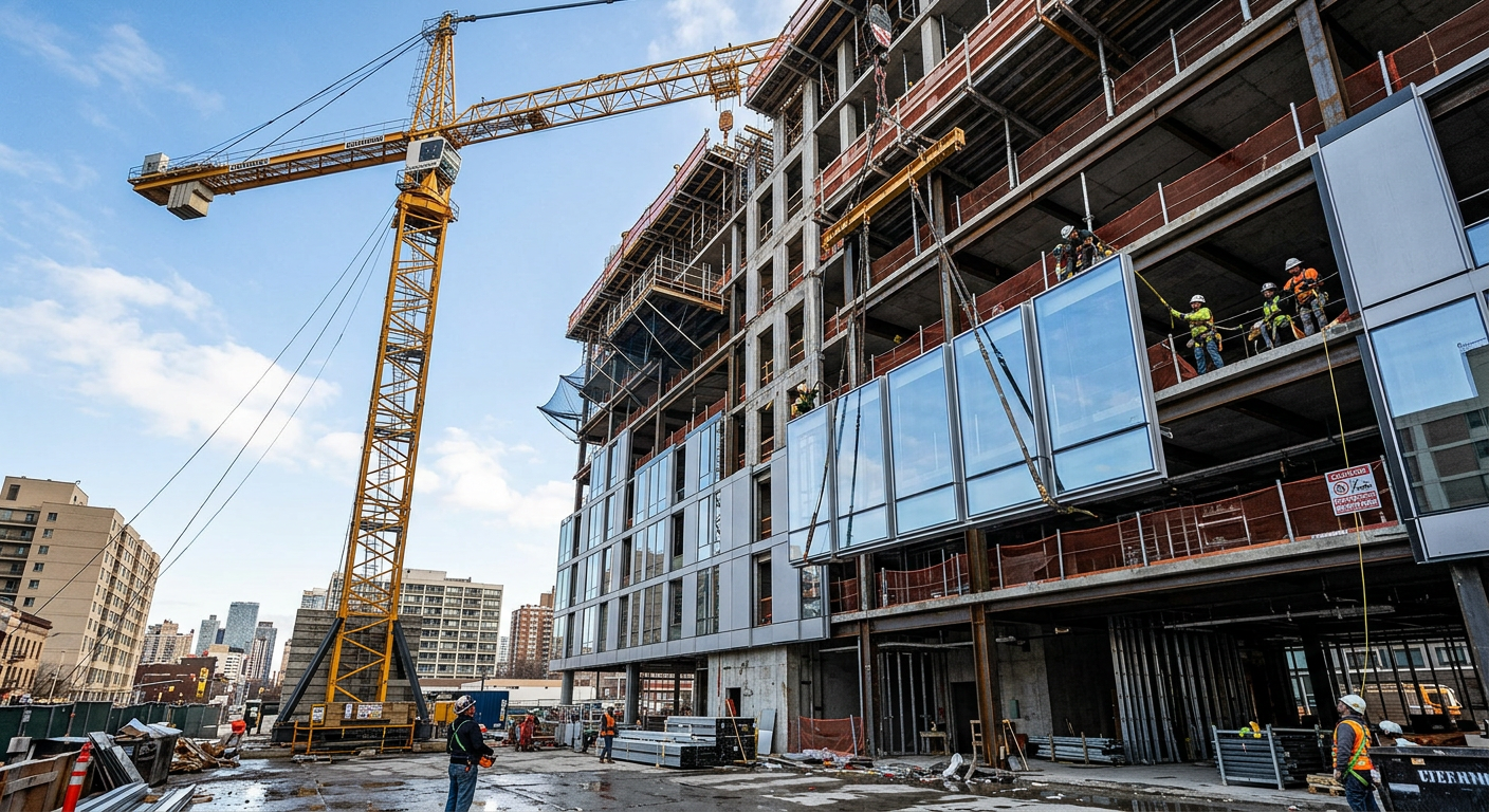 Crane lifting curtain wall glass panels onto a mid-rise building under construction