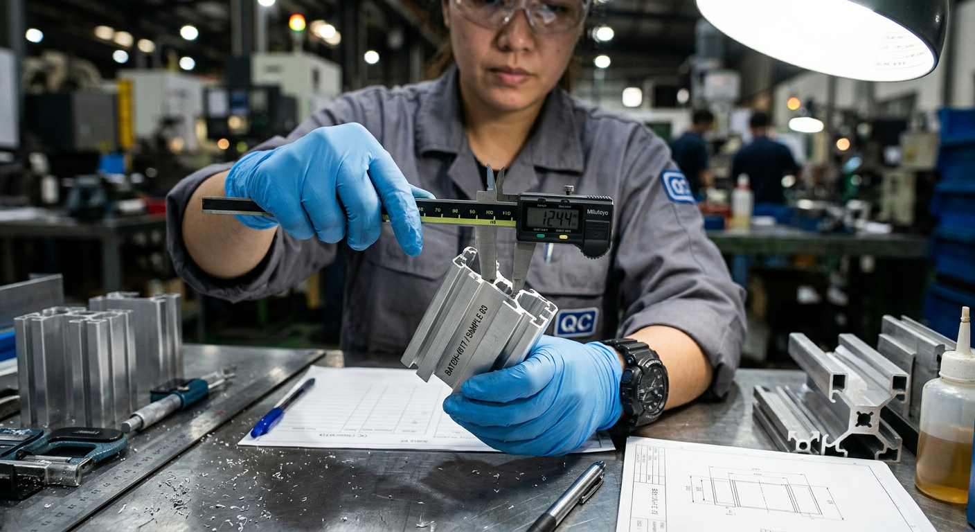 Quality control inspector examining aluminum profile samples in a factory