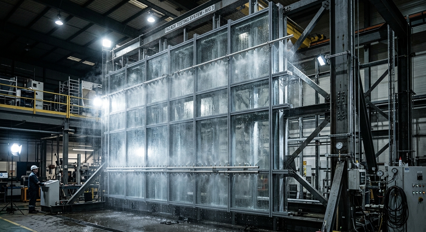 Curtain wall being tested for water resistance in a warehouse