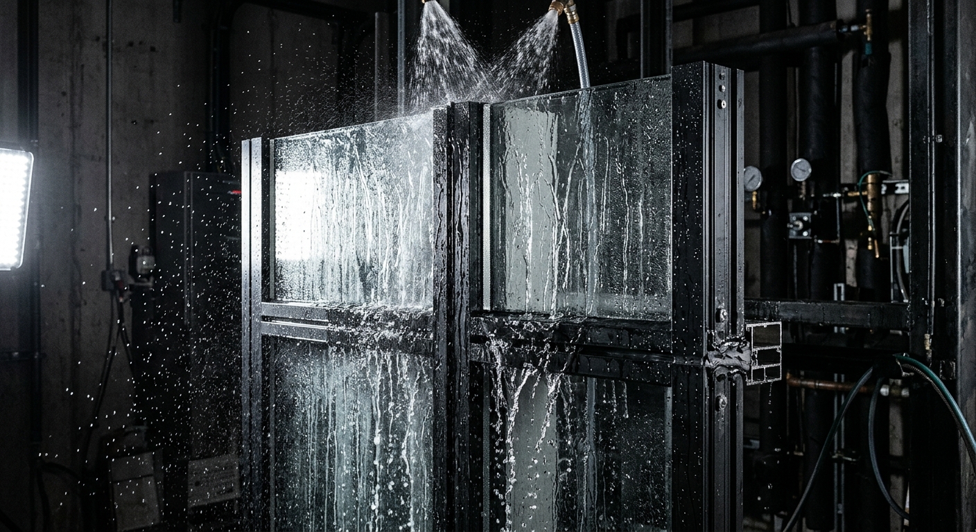 Water spraying across a curtain wall mockup panel during AAMA 501 laboratory testing