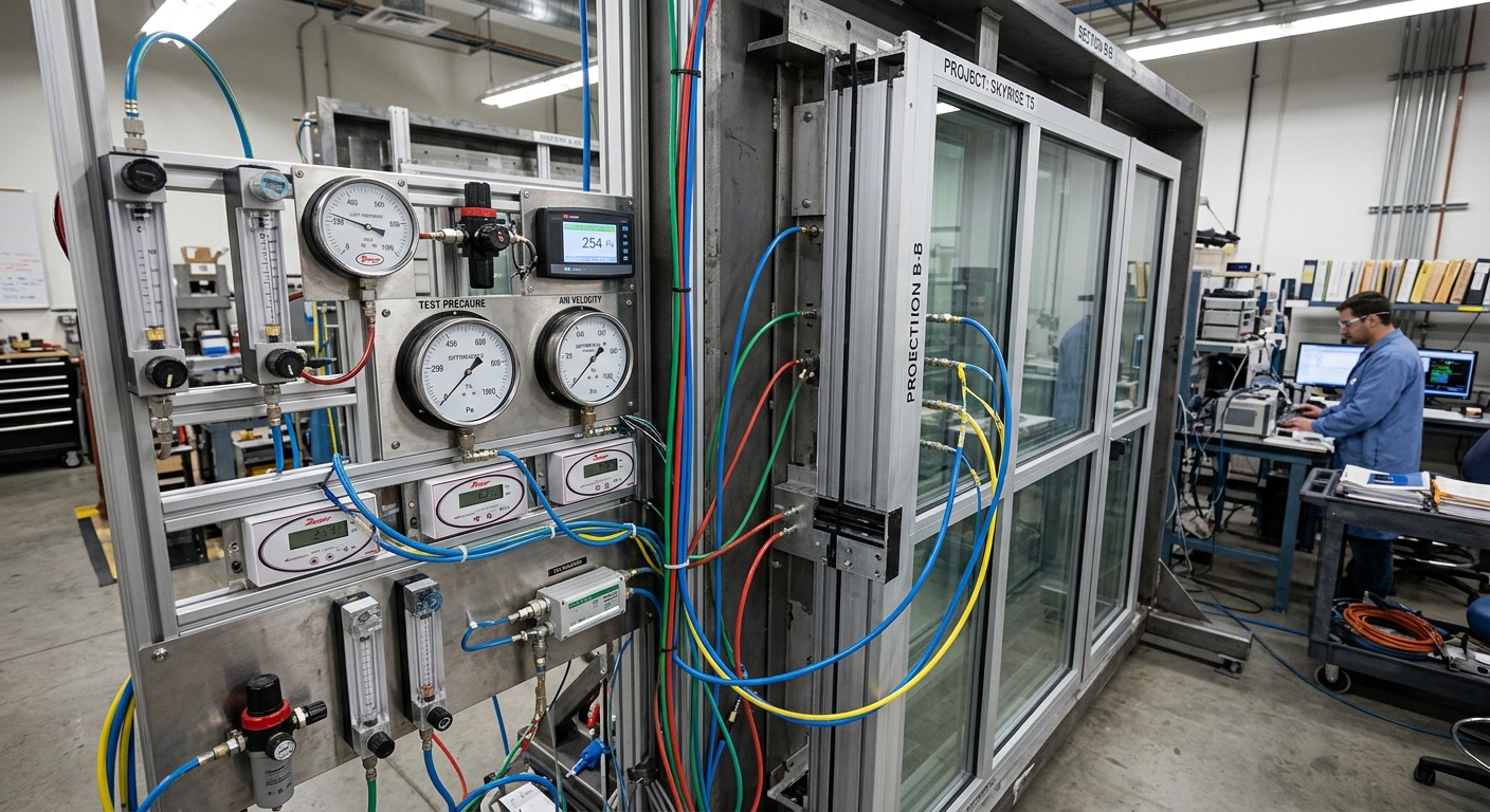 Airflow measurement equipment attached to a curtain wall air infiltration test rig