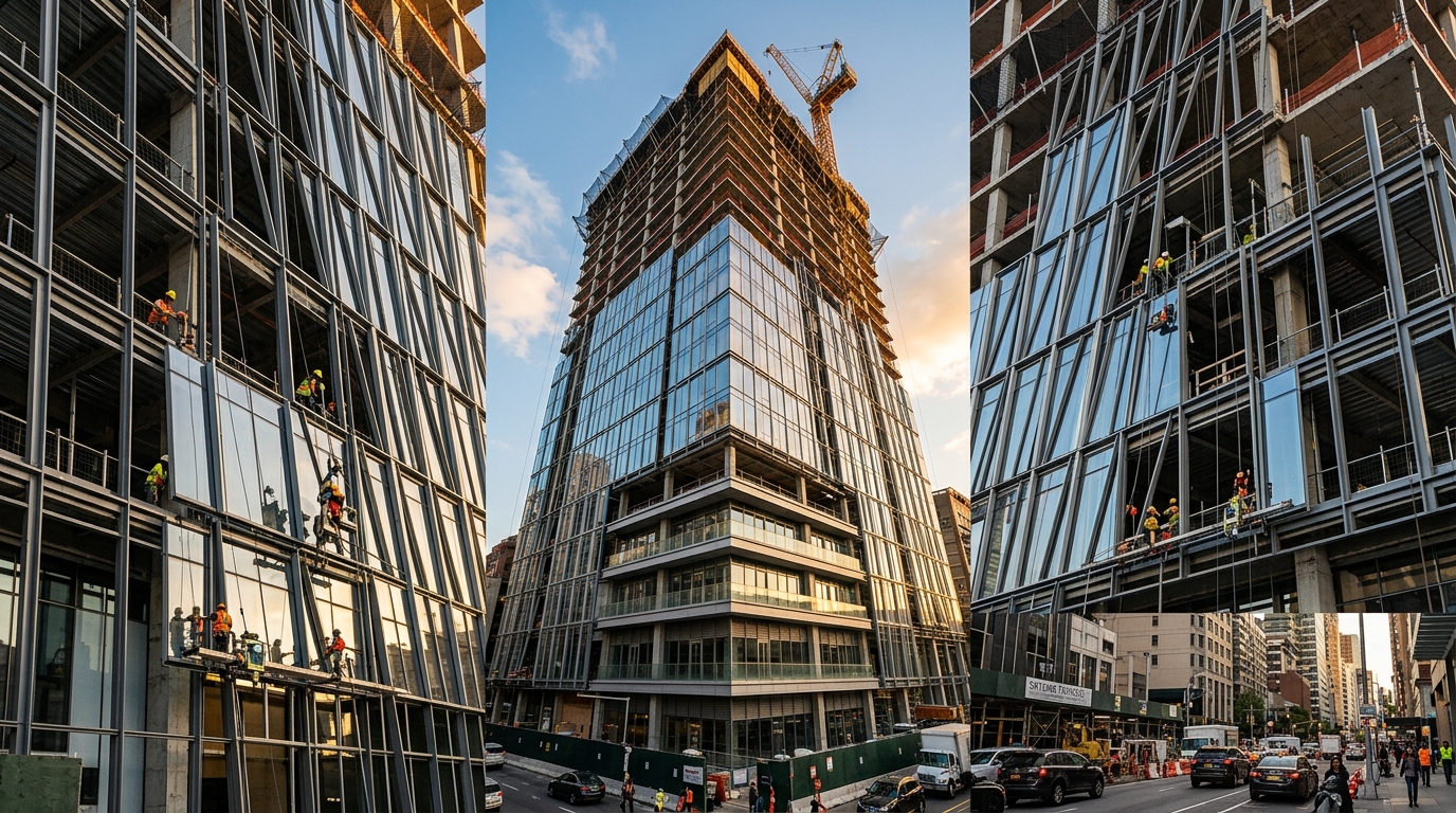 High-rise curtain wall facade under construction with exposed aluminum framing