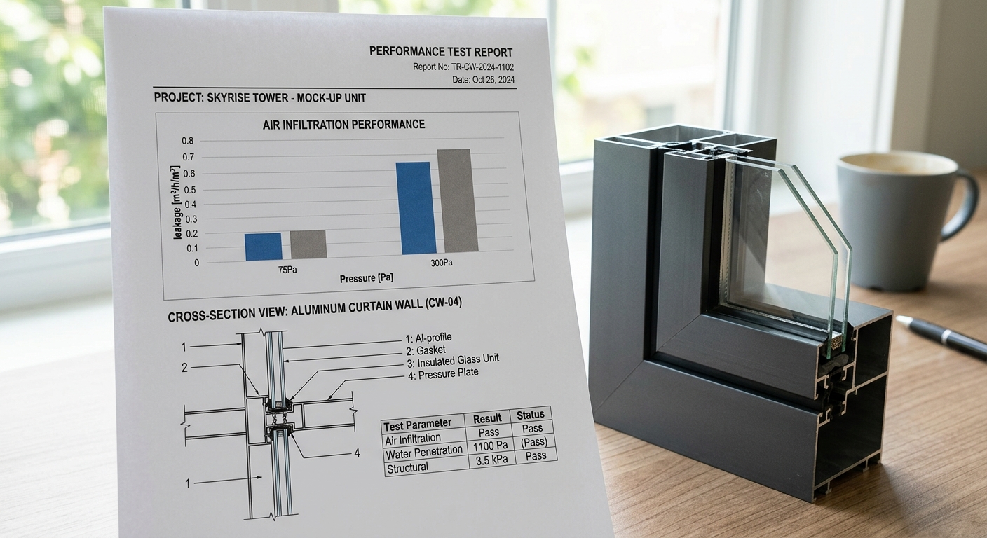 Printed curtain wall test report with technical charts beside an aluminum sample piece