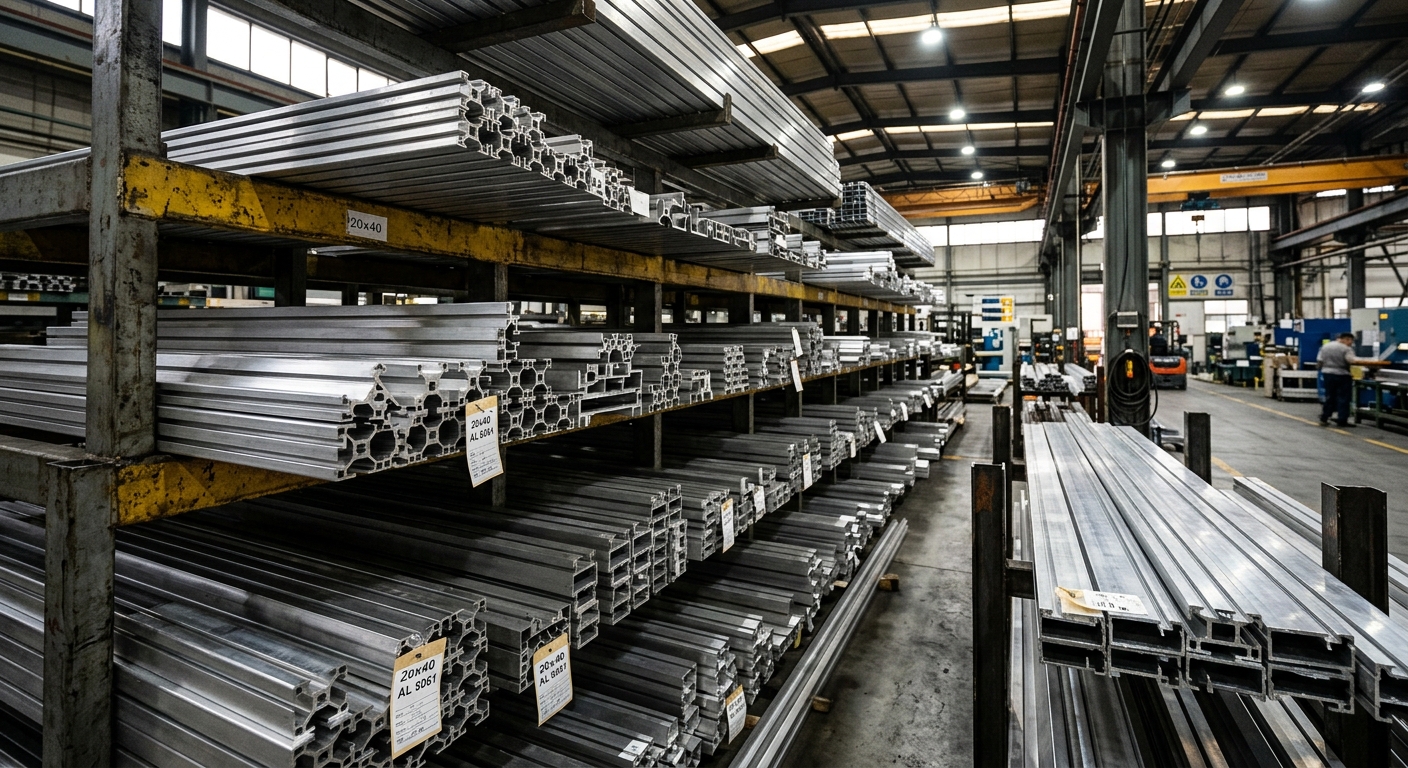 Aluminum extrusion profiles stacked in a manufacturing facility used for certified sustainable construction