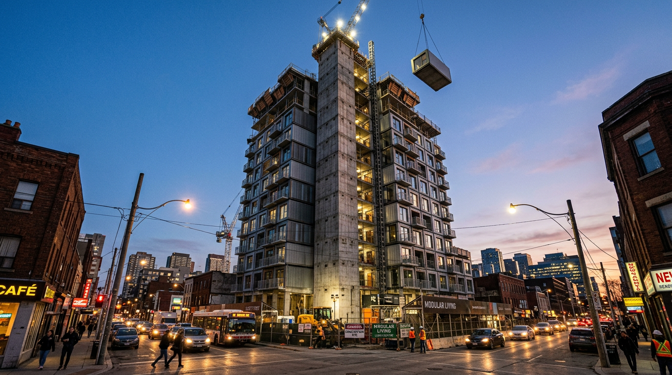 Modular tower with central concrete core surrounded by stacked prefabricated units