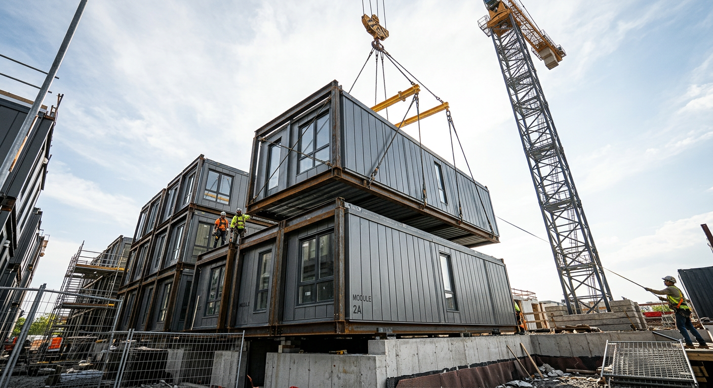 Crane placing a modular steel unit precisely onto a stacked module