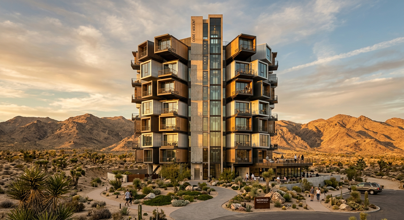 Modular hotel tower with visible structural core in a desert setting