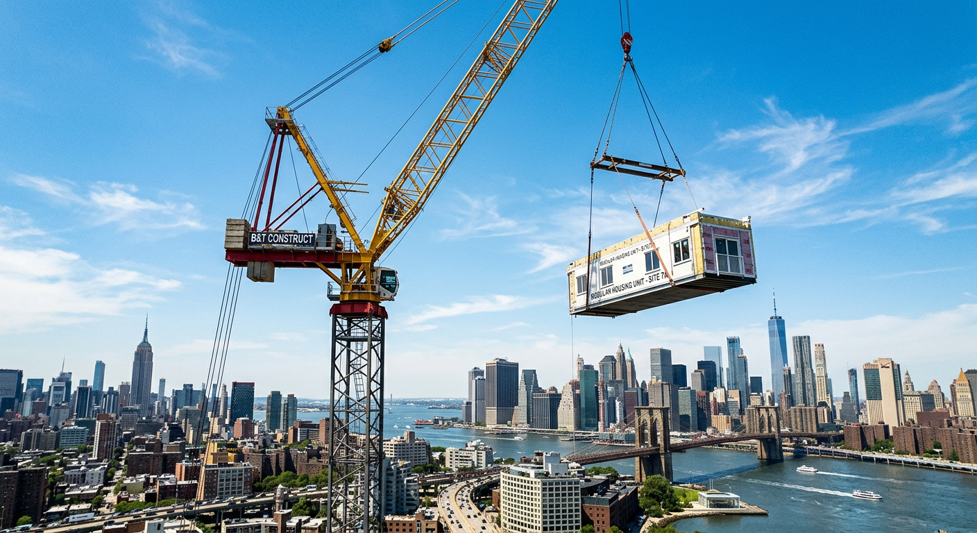Construction crane lifting a modular building unit above a city skyline