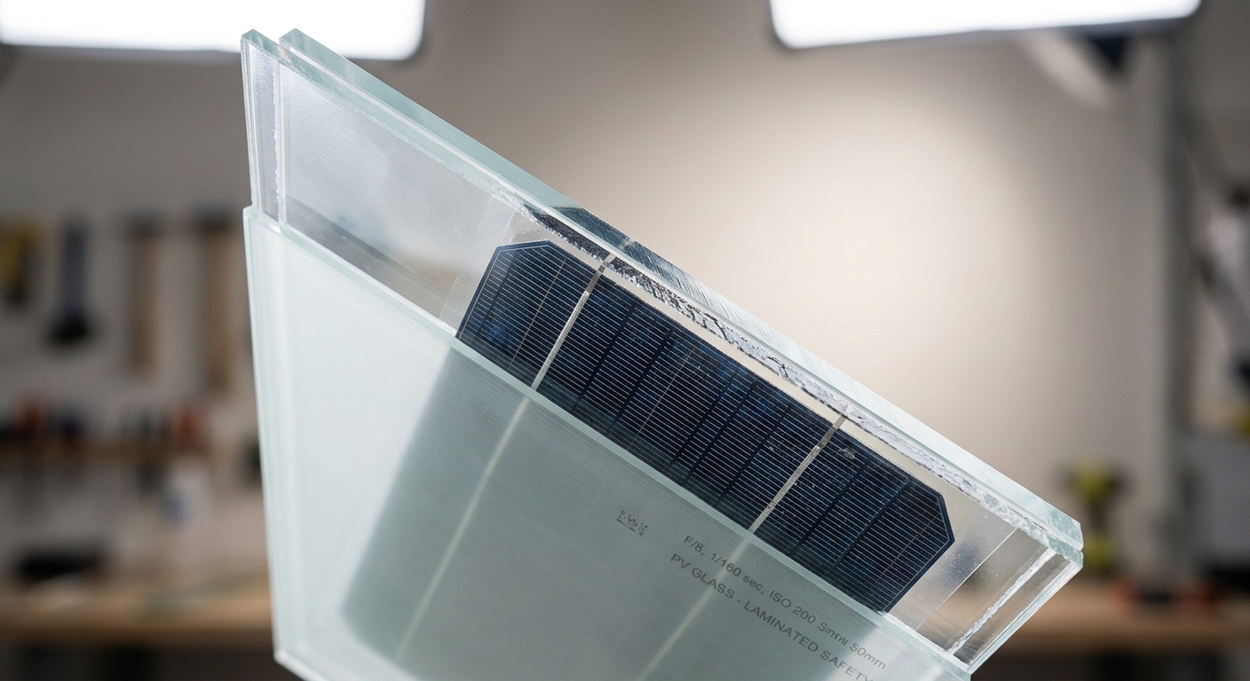 Cross-section detail of photovoltaic glass layers used in BIPV curtain wall units